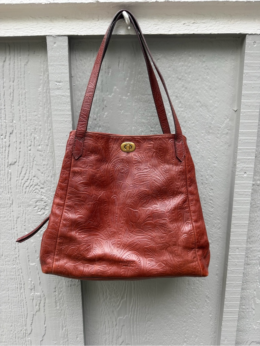 Margot New York Tooled Leather Floral Shoulder Bag - Embossed Cognac Brown
